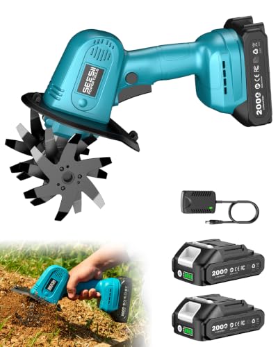 Mini Cordless Tiller Cultivator, 20V Electric Rototiller for Gardening - color: Light Blue