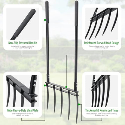 Broadfork, 12" Long 5-Tine Broadfork Gardening Tool for Gardening Cultivation Composting Transplanting Digging Farm Crushing Soil Aeration Garden Fork for Loosening Soil
