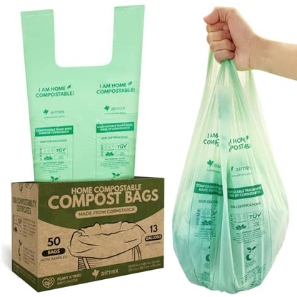 AIRNEX Compostable Kitchen Trash Bags 13 Gal - Cornstrarch Leakproof & Tear Resistant 50 Compost Bags - OK Compost Home & Seedling Certified 0.25 mm Kitchen Garbage Bags - style: 13 Gal, 50 Pack