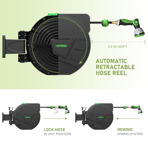 Tuyeho Heavy-Duty Auto Retractable Garden Hose Reel 100FT Lifetime Service