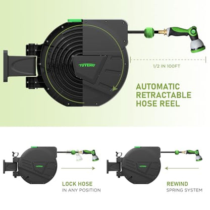 Tuyeho Heavy-Duty Auto Retractable Garden Hose Reel 100FT Lifetime Service