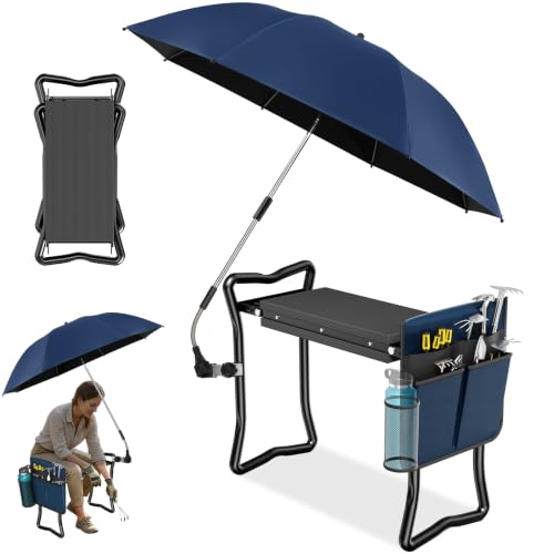 2-in-1 Garden Kneeler with Umbrella, Garden Kneeling Bench & Umbrella, Portable Garden Stool Loads Capacity 330lb and Garden Tools Bag with bottle holder, Gardening Gifts for Women,Men (Black Blue) - color: Black Blue