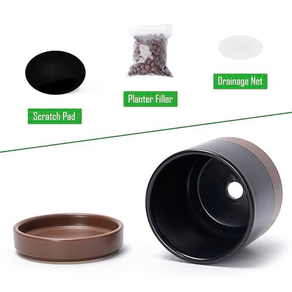 D'vine Dev 4-Pack Ceramic Pots with Saucers, Black/Tan, 4.7 in, 94-X-B-7 - color: Black/Speckled Tan, size: 4.7 Inch