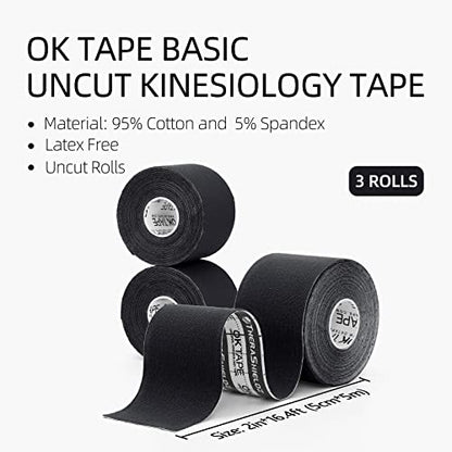 OK TAPE Kinesiology Tape (3 Pack) Latex Free Cotton Uncut 2in x 16.4ft - color: Black, size: 3 Rolls