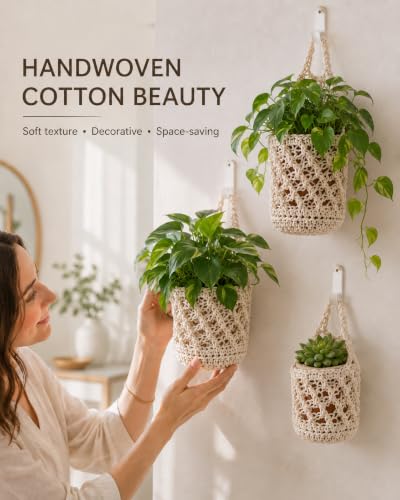 6 Pack Macrame Hanging Wall Planters,Cotton Baskets, 3 Sizes for Pots