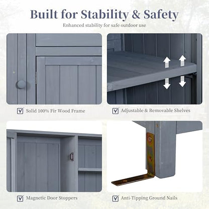 Potting Bench with Hutch, 65" H Solid Fir Wood Garden Workstation, Large Countertop, Patio Kitchen Island with Adjustable Shelves, Spice Rack, Side Hook and Drawer, Gray - size: Gray+1 Drawer