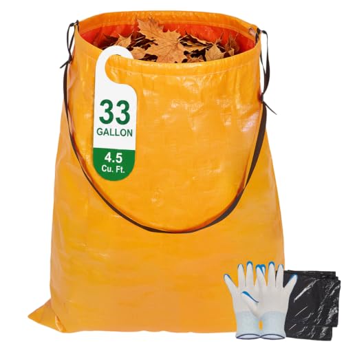 Yard Waste Bag with Shoulder Strap, 4.5 Cu. Ft. Reusable Trash Pickup Bag, Portable Yard Cleanup Bag for Litter, Leaves and Yard Debris, Leaf Collection Bag with Gloves and 2 Black Bags Included