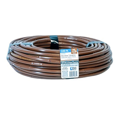 DIG ML-112B ¼” 100’ MICROLINE™ Dripline, 12” Dual Outlet Emitter Spacing, UV-Resistant Tubing for Efficient Irrigation | Ideal for Raised Beds | Flexible, Durable, Easy Installation (Brown) - size: 100',¼" MICROLINE Dripline - 12” Spacing
