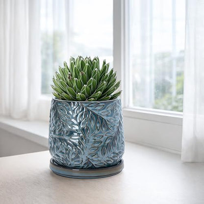 D'vine Dev Embossed Leaves Ceramic Planter, 5 in, Ocean Teal, 27-A-V-8 - color: Ocean Teal, size: 5 Inch