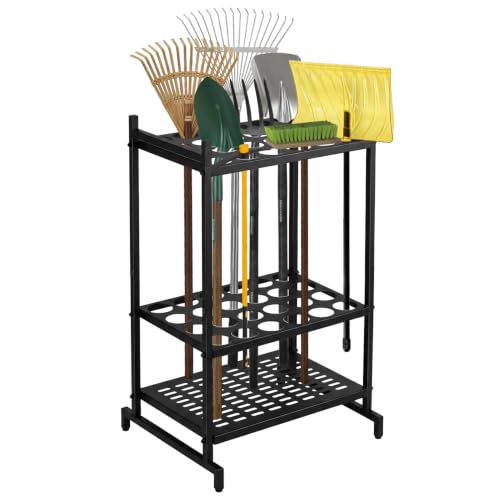 Garden Tool Organizer, Heavy Duty Yard Tool Tower Rack for Garage & Shed, Up to 24 Long-Handled Tools, Shovels, Rakes, Brooms, Sturdy Steel Garden Storage Stand