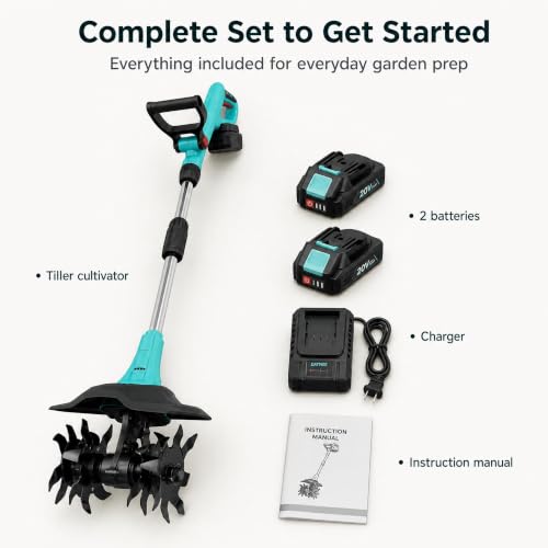20V Cordless Tiller Cultivator 9" Wide Mini Garden Tiller with 2 Batteries