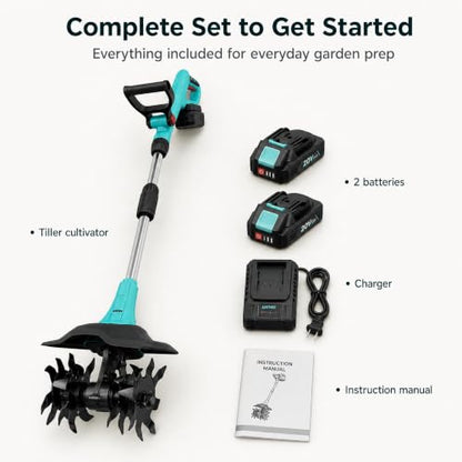 20V Cordless Tiller Cultivator 9" Wide Mini Garden Tiller with 2 Batteries