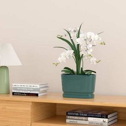 8.9" Rectangular Ceramic Planter with Drainage and Saucer, Green - color: Green, size: Medium