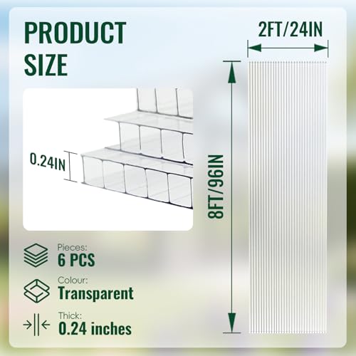 EVERECO 6 Pcs Greenhouse Panel, 8'FT x 2'FT x 0.24" in Polycarbonate Sheet - size: 8'FT x 2'FT x 0.24"IN