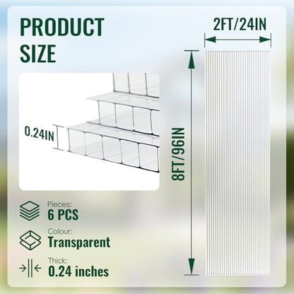 EVERECO 6 Pcs Greenhouse Panel, 8'FT x 2'FT x 0.24" in Polycarbonate Sheet - size: 8'FT x 2'FT x 0.24"IN