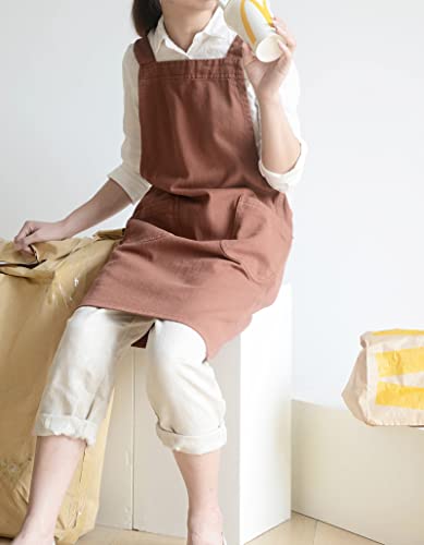 Japanese Cotton Linen Cross Back Apron with Pockets,Fashion Pinafore Dress for Gardening Painting Cleaning Cooking - color: Red