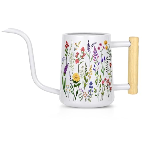 Watering Can Indoor Plants, 35 oz/1000 ml Metal Stainless Steel Watering Can Pot with Long Spout for Indoor House Plants Bonsai Outdoor Garden Flower Decorative White Flowers - color: White Flowers