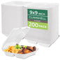Freshware Clamshell Food Containers with Lids [9x9"] 3-Compartment 200-Pack, Disposable To Go Containers, Biodegradable Sugarcane To Go Boxes - Paper Containers - Microwave & Freezer Safe, Stackable - size: 9 x 9 Inch, 200 Pack