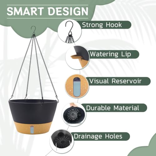 ZMTECH Large 12Inch Self Watering Hanging Planter, Water Window & Chain - color: Dark Gray
