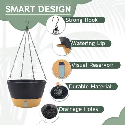 ZMTECH Large 12Inch Self Watering Hanging Planter, Water Window & Chain - color: Dark Gray