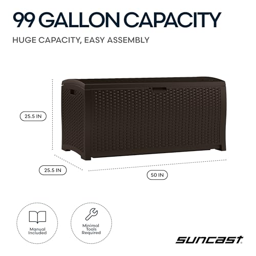 Suncast 99 Gal Wicker Resin Deck Box, Storage Chest Bin with Handles, Java - color: Mocha, style: Deck Box
