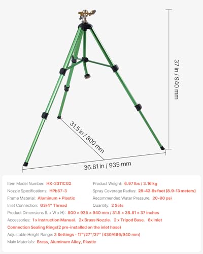 VEVOR Impact Sprinkler on Tripod Base, Heavy Duty Tripod Sprinklers with Brass Head & 3/4" Connector, 360 Degree Large Area Coverage Irrigation Sprinkler, Adjustable Heights for Yard Green - size: 37", style: 1PC