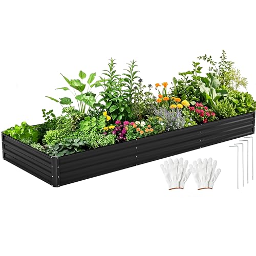 DWVO 12 x 4 x 1 FT Raised Garden Bed Kit, Outdoor Galvanized Flower Bed with Safety Rubber and Gloves, Large Metal Planter Box for Vegetables, Flowers, Herbs, Fruits, Black - color: Black, size: 12x4x1ft