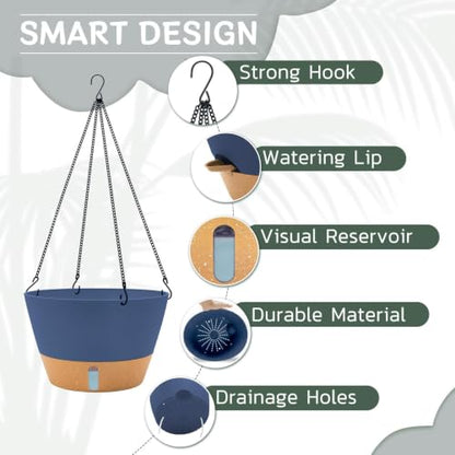 ZMTECH Large 12Inch Self Watering Hanging Planter, Water Window & Chain - color: Blue
