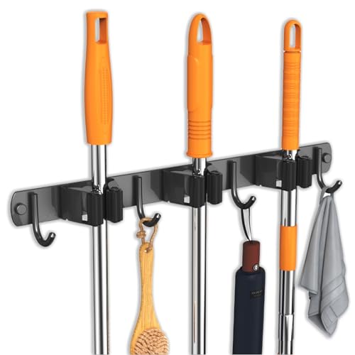 CUXIXA Mop and Broom Holder Wall Mount for Kitchen Laundry Room Decor - color: Black, size: 3 Racks with 4 Hooks