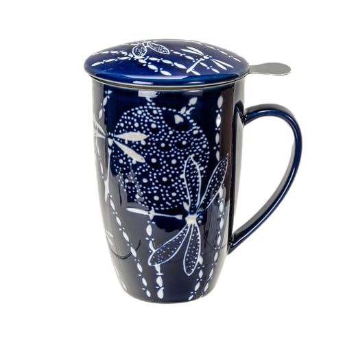 Tea Mug With Lid and Stainless Steel Infuser For Loose Leaf Tea Bag,15oz Tea Cup Porcelain, Hot Beverage Everyday Use Home Office, Gift Boxed (Dragonfly) - style: Dragonfly