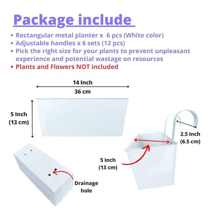 LaLaGreen Hanging Planter Box (14 in, 6 Pack) White Metal Deck Rail Pots - size: 14"(36cm) x 6 pack