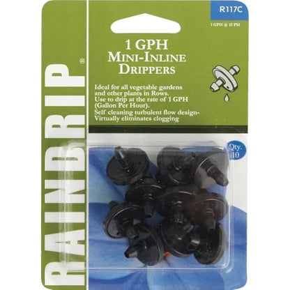 Raindrip R117CT, 1 GPH Inline Dripper for Drip Irrigation Systems, 10-Pack, Drip Irrigation Emitters for Drip Irrigation Gardening Systems, Fits 1/4-Inch Suppy Tubing, Black
