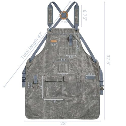 Woodworking Apron for Men,Poly Cotton Heavy Duty Waterproof Waxed Canvas Welding Apron with 9 Tool Pockets - color: Grey