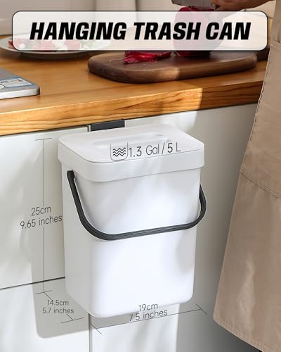1.3 Gal Compost Bin, Hanging Small Trash Can with Lid, 5L/White - color: WHITE, size: 5 L / 1.3 Gal - Lid