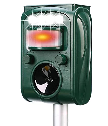 Solar Ultrasonic Animal Repeller, Cat Repellent, Motion Detection, Siren and Flash Repel. Dog, Squirrel, Deer, Raccoon, Skunk, Rabbit, Fox, etc