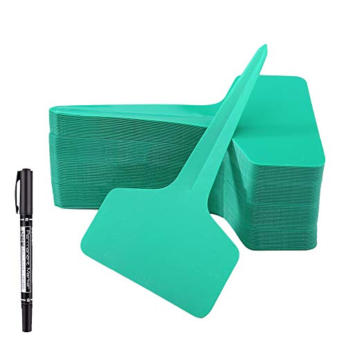 MIHEY 100 Pcs T-Type Plant Labels Tags Garden Markers with Gel Pen, Green - color: Green