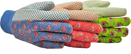 G & F Products G & F Women's Soft Cotton Jersey Gardening Gloves, Floral Print, PVC Dot Grip, Knit Wrist, Green, Red & Blue - style: 12 Pairs