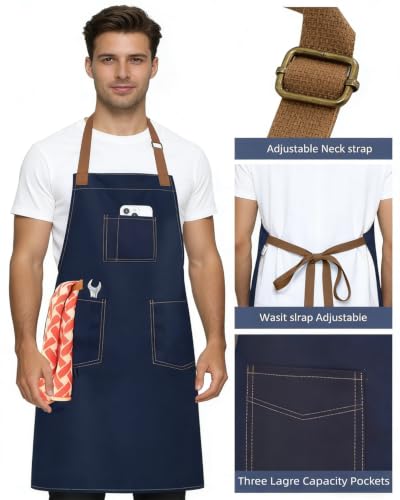 Unisex Heavy Duty Chef Apron w/Adjustable Strap & Large Pockets - color: Navy Blue