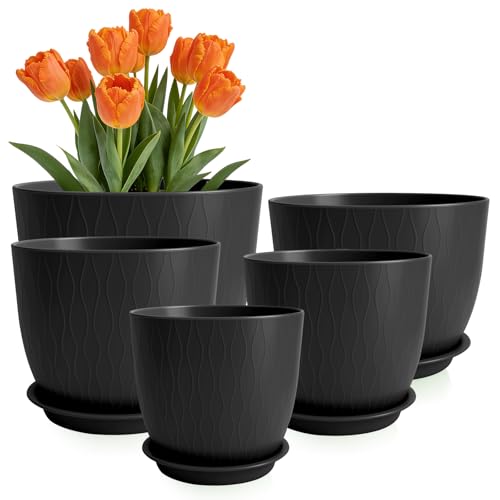 GARDIFE 5-Pack Plastic Plant Pots 7-10in with Drainage & Saucers, Black - color: Black