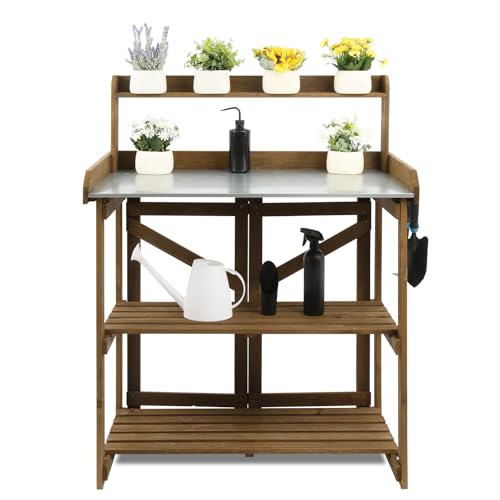 PetsCosset Folding Garden Potting Bench Table，Outdoor Wooden Work Station W/Metal Table Top,2 Tier Open Storage Rack,Top Shelf-Natural Stained
