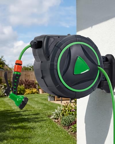 Retractable Hose Reel 100 ft, Heavy Duty Wall Mount Garden Hose Reel with Automatic Rewind & Slow Retraction, 180° Swivel Bracket Kink-Free Water Hose for Large Lawn Yard Car Washing