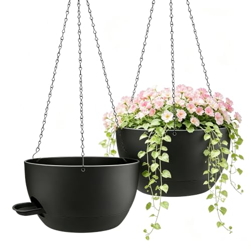 12 Inch Self Watering Hanging Planters, Black, 2 Pack - color: Black