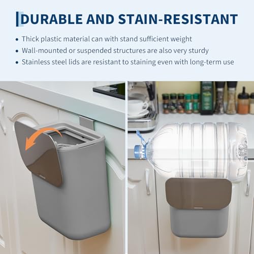 2.4 Gal/9L Hanging Trash Can, Stainless Steel Compost Bin with Lid & Hook, Small Garbage Can for Kitchen Counter, Bathroom Sink, Office Desk, Space-Saving Rubbish Bin - Grey - size: 2.4 Gallon / 9 Liter