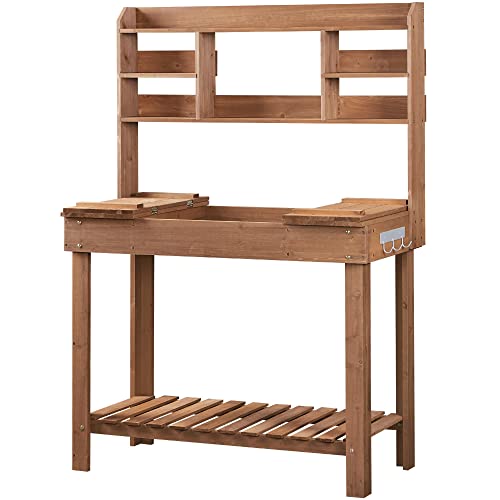 Topeakmart Wooden Garden Workbench with Display Rack and Open Storage,Brown
