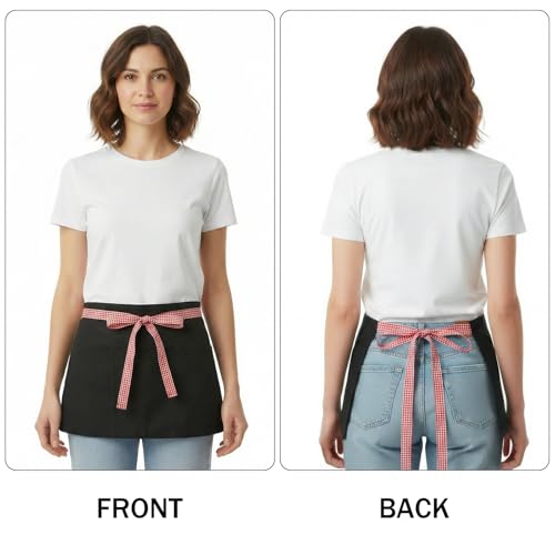 BOHARERS 3-Pocket Waist Apron With Red And White Plaid Shoulder Straps - Black Waitress Waiter Server Short Aprons - color: 1 Pack Red and White Plaid Straps
