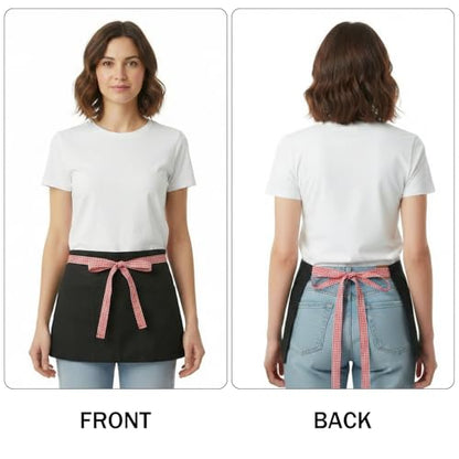 BOHARERS 3-Pocket Waist Apron With Red And White Plaid Shoulder Straps - Black Waitress Waiter Server Short Aprons - color: 1 Pack Red and White Plaid Straps