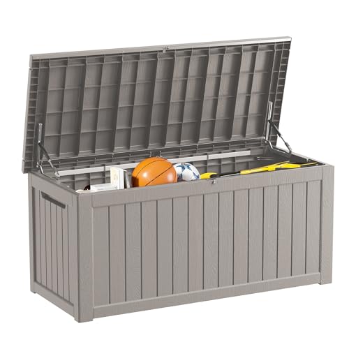 270 Gallon Outdoor Storage Box Patio Deck Box Waterproof, Resin Lockable Outside Large Storage Bin for Pool Cushion Furniture, Garden Tools UV-Resistant, Grey - color: Grey, size: 270 Gallon