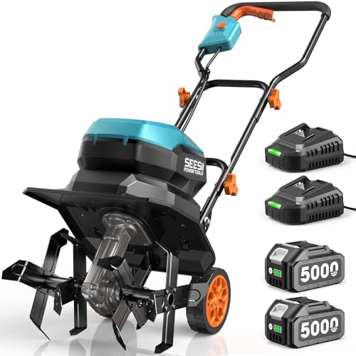 Seesii 40V Cordless Tiller for Gardening, 12" Electric Tiller Cultivator - color: Sky Blue