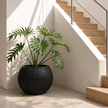 Marlo Fiberstone Round Planter, Ribbed Finishes (L, Black) - color: Ribbed Black, size: 21.3"D x 16.5"H
