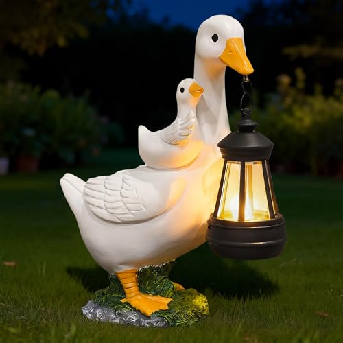 Solar Goose Statue with Lantern, 7.48" Resin Garden Decor Outdoor Ornament - color: White Goose Statue
